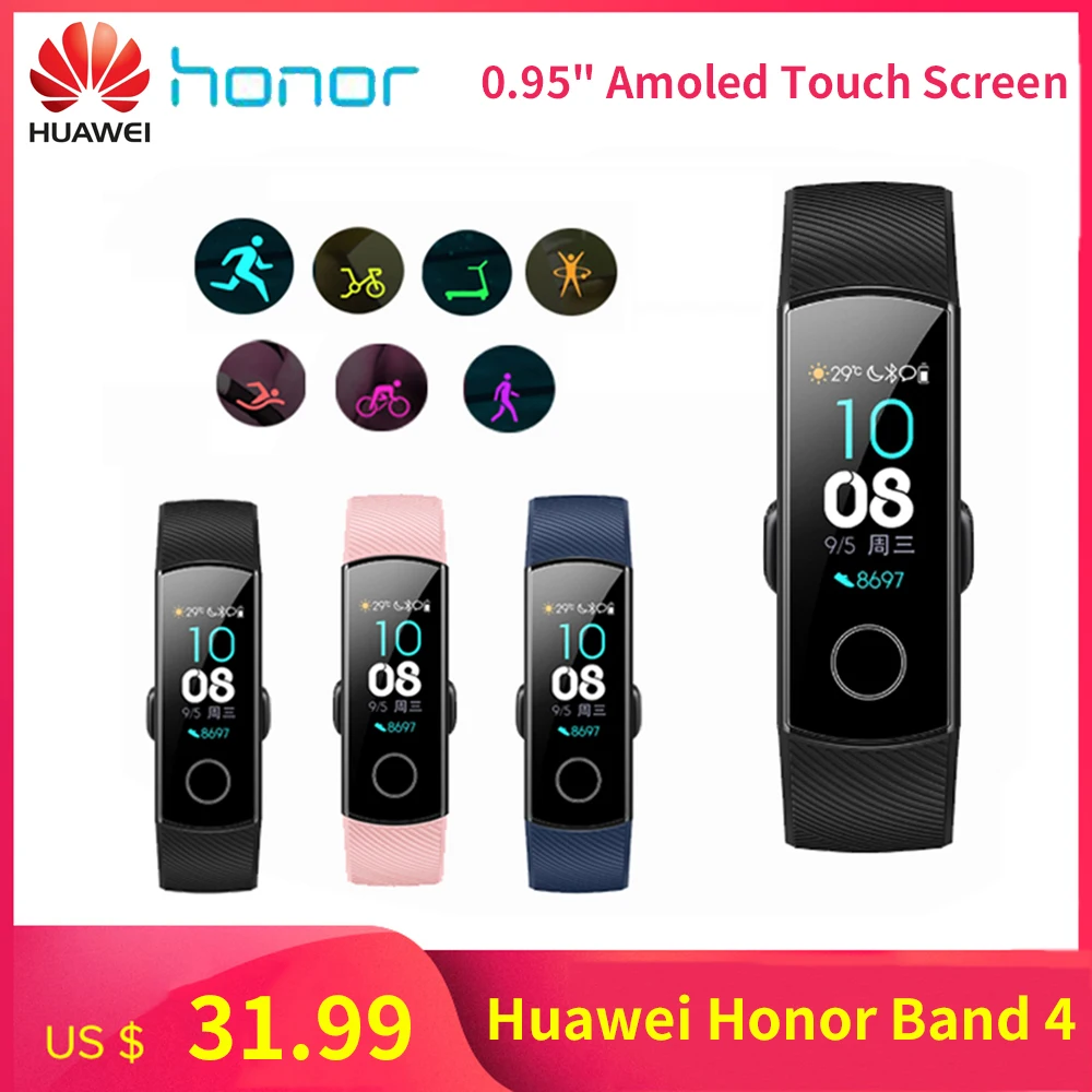 

Huawei Honor Band 4 Smart Bracelet Wristbands Amoled Color 0.95" TouchScreen 5ATM Waterproof Swim Detect For Android IOS