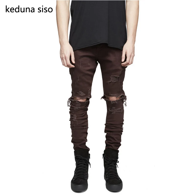 

Hip Hop knee Hole Ripped Jeans Black Slim Fit Motorcycle Jeans Men Vintage Distressed Denim Jeans  Streetwear pants