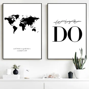 

Black White World Map Quotes Nordic Posters And Prints Modern Wall Art Canvas Painting Wall Pictures For Living Room Home Decor
