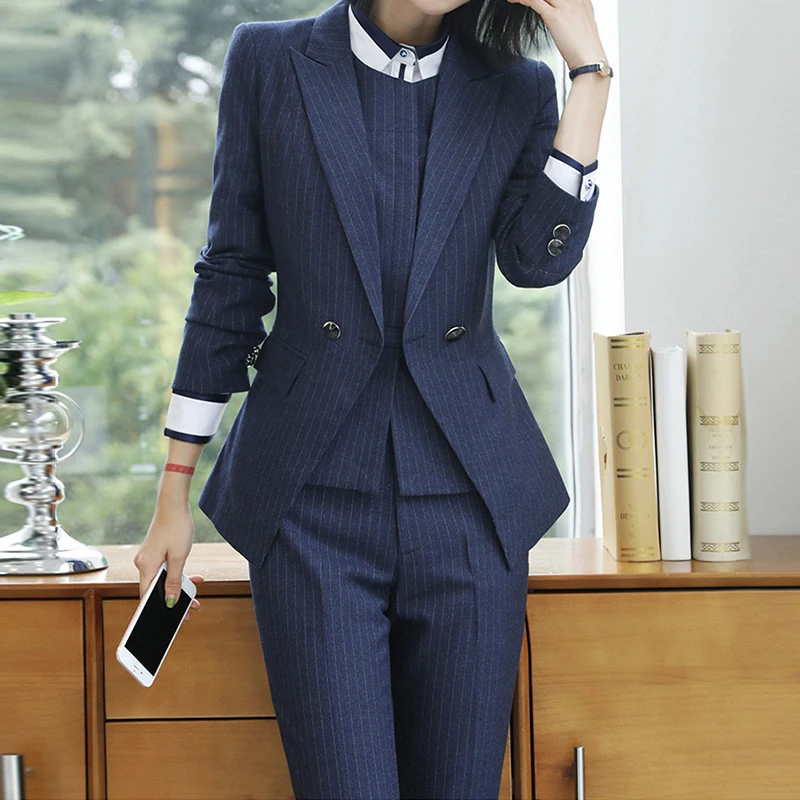 

Work Pant Suits OL 2 Piece Sets Single Breasted Striped Blazer Jacket & Zipper Trousers Suit For Women Set Feminino Spring