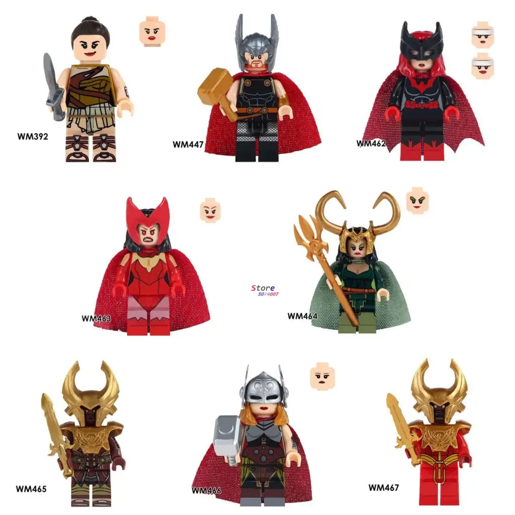 

50pcs marvel Avengers Wonder Woman Figures Heimdallr Thor Lady Loki Knight Batman Scarlet Witch building blocks toys for boys