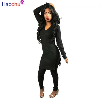 

HAOOHU Winter Knitted Two Piece Tracksuits For Women V Neck Full Sleeve Long Tops + Bodycon Pants Solid Double Side Split Outfit