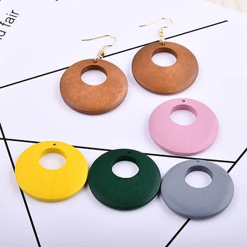 

Newest 70pcs/Lot Colorful Wood Beads Charms Fit Fashion Earrings Making 35MM Hollow Out Round Circle Pendant Charm Craft for DIY