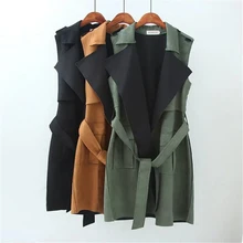 Loose Large Lapel Female Dress Suit Sleeveless Leather Suede Jacket Women Long Vest Cardigan With Belt Black Army Green Brown