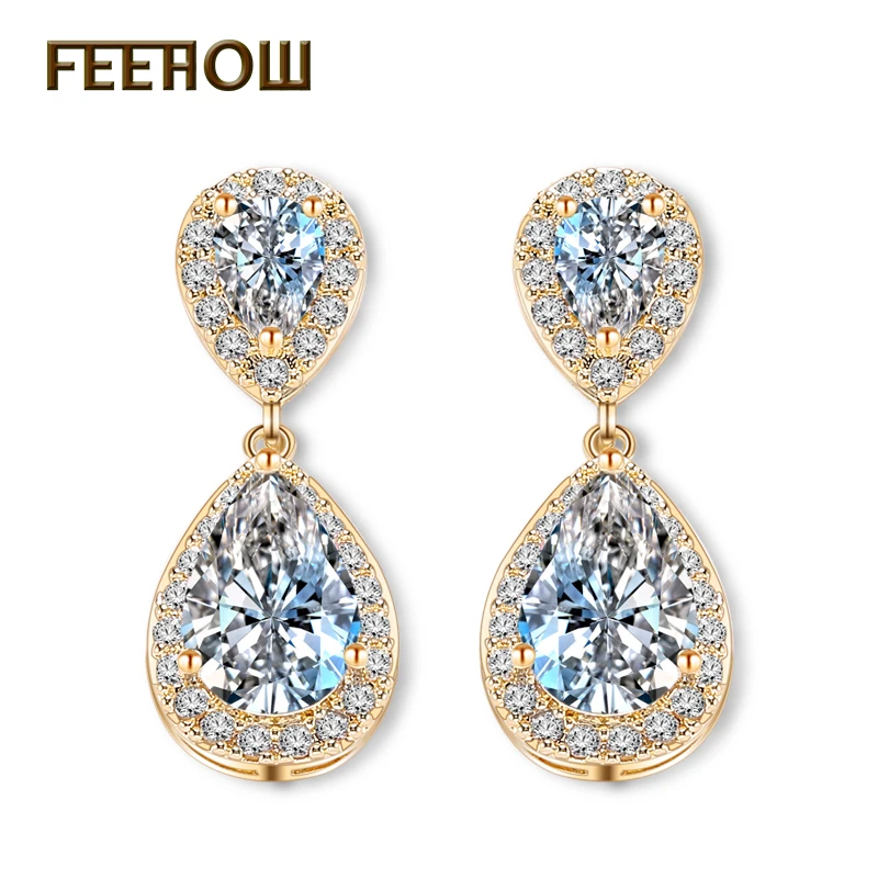 FEEHOW Fashion Elegant Bridal Jewelry Rose Gold Color Teardrop Cubic Zircon Drop Earrings For Women Wedding Party FWEP091
