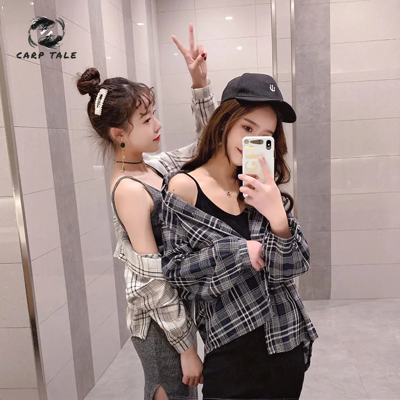 

Spring 2019 casual suit female plaid sunscreen shirt long knit suspender dress two-piece CARP TALE