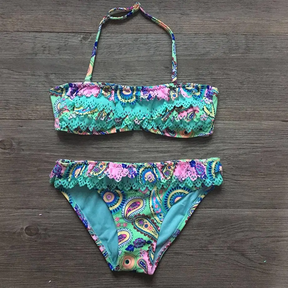 7-14 Years Print Baby Girl Bikini Children Two Piece Swimsuit Kids Infant Girl Swim Wear Hollow Out Toddler Girl Bathing Suits