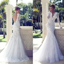 fashion boho white mermaid wedding dresses 2017 custom made backless long sleeves lace women bridal gown for wedding party