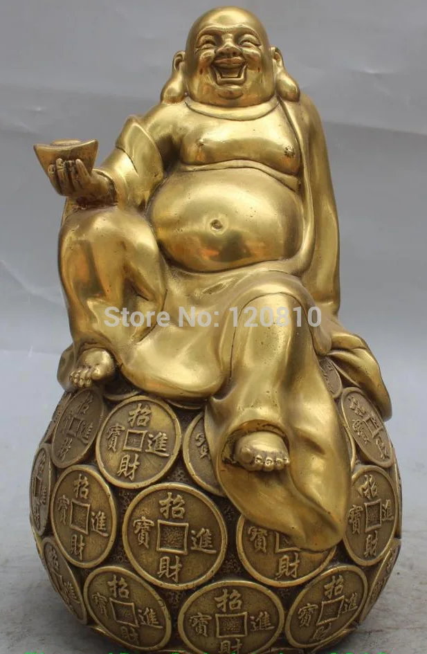 

11" Chinese Bronze Wealth Money Yuanbao Happy Laugh Maitreya Buddha Statue