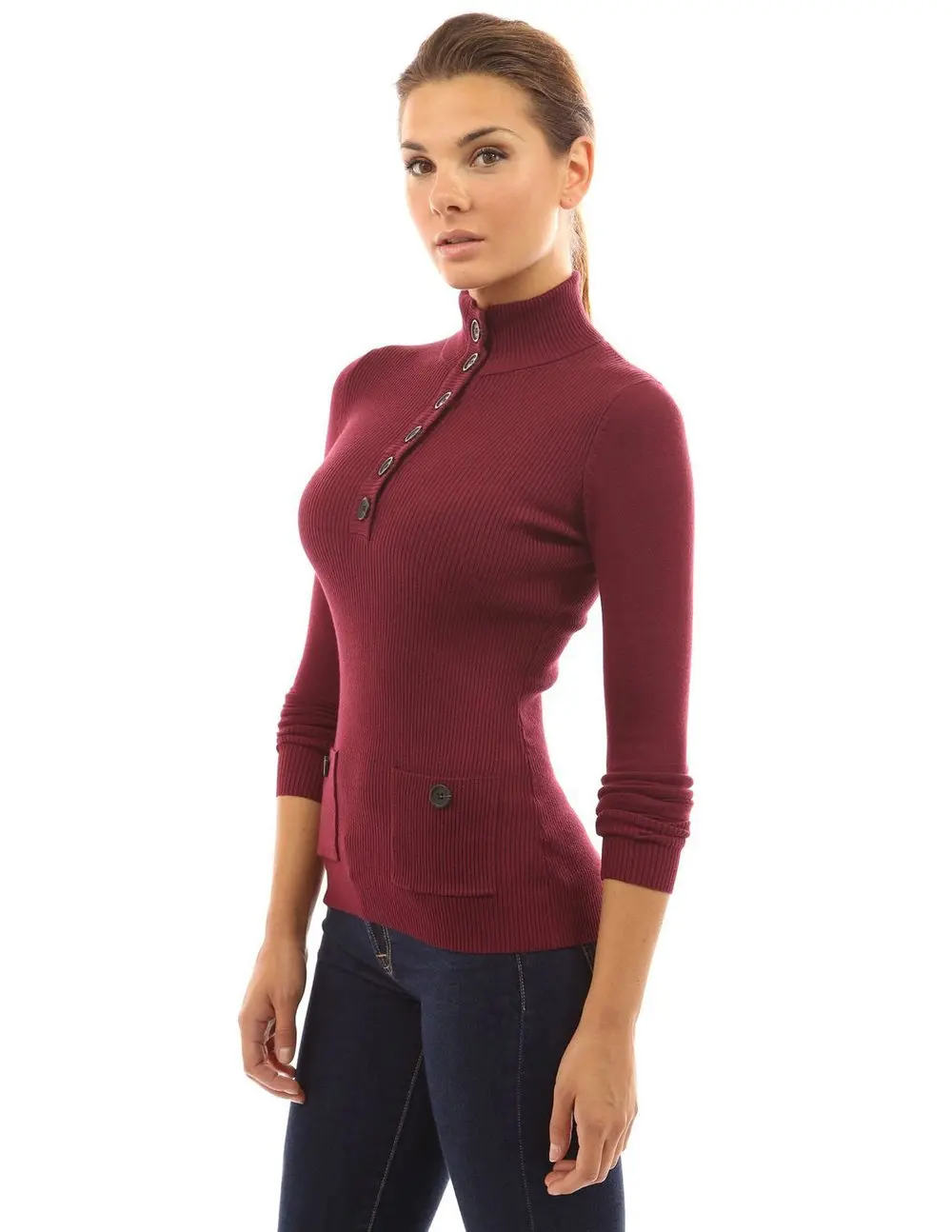 Deep V neck high Collar button woman pullover knit sweater 2015 autumn slim fit women sweaters 