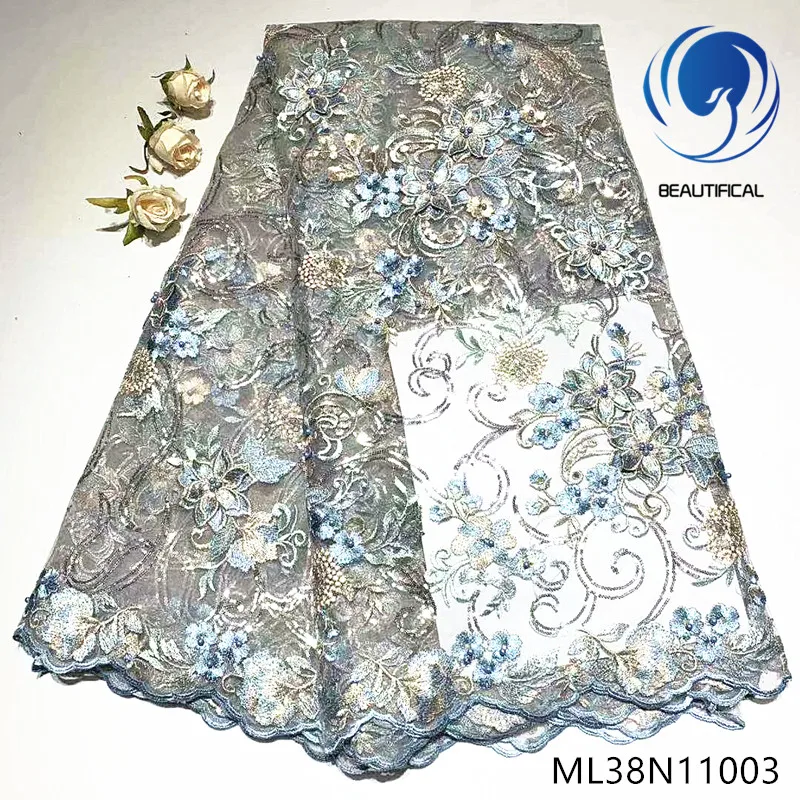

Beautifical african lace fabrics 2019 New design embroidery 3d appliques net lace beads fabric with sequins 5yards/lot ML38N110