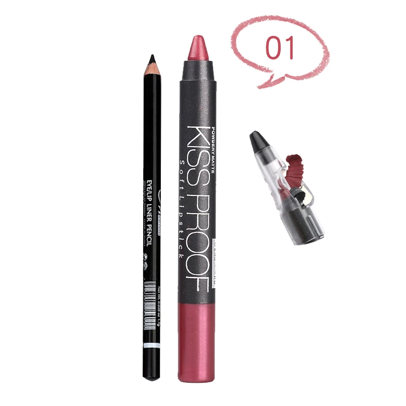 MENOW Brand Make Up Set Of Kiss Proof Lipstick With Sharpener And Waterproof Lasting Eyeliner Cosmetic Combination 5317/B - Цвет: 01