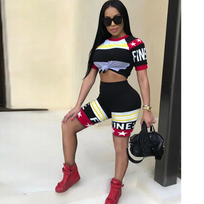 

2018 Summer Women Tracksuits Casual Two Piece Set Print Round Neck Short Sleeve Crop Top and Shorts Track Suit 2 Piece Outfits