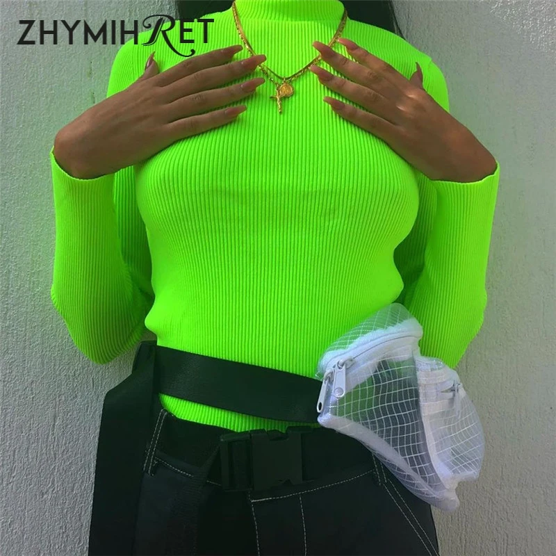 ZHYMIHRET 2018 الخريف الشتاء النيون اللون مضلع T قميص المرأة كم طويل الياقة المدورة التي شيرت الأزياء محبوك قمم المحملة فام ZHYMIHRET 2018 الخريف الشتاء النيون اللون مضلع T قميص المرأة كم طويل الياقة المدورة التي شيرت الأزياء محبوك قمم المحملة فام