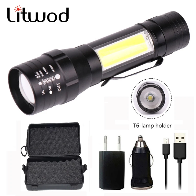 Светодиодный перезаряжаемый фонарик Litwod CREE XM L2 T6 Z203101 COB со встроенной батареей из
