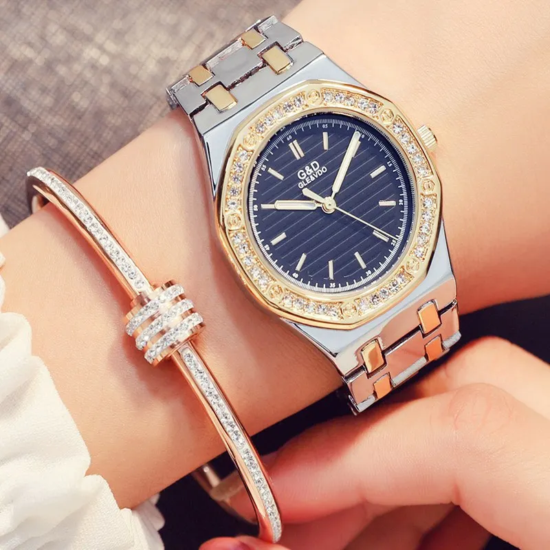 G-080! брендовые новые модные золотые женские наручные часы с цепочкой из нержавеющей стали, кварцевые часы
