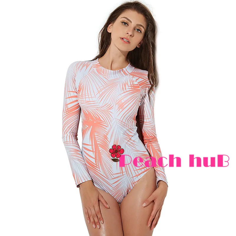 Sport Swimsuit Long Sleeve Swimsuit Large Size Swimsuits Floral Bathing Suit One Piece Rashguard Women Surf Swimwear White (4)