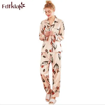 

Fdfklak European new women's pajamas set silk satin lounge sleepwear suit print pyjamas women loose pijamas sets homewear