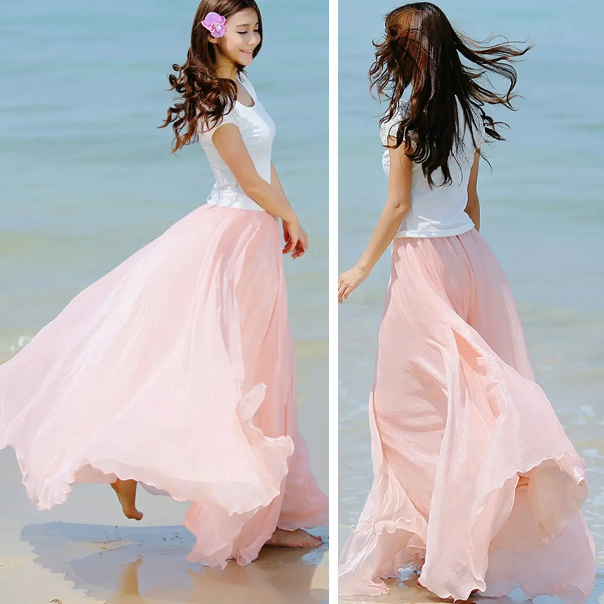 Новая женская двухслойная шифоновая плиссированная Ретро длинная юбка с эластичной талией