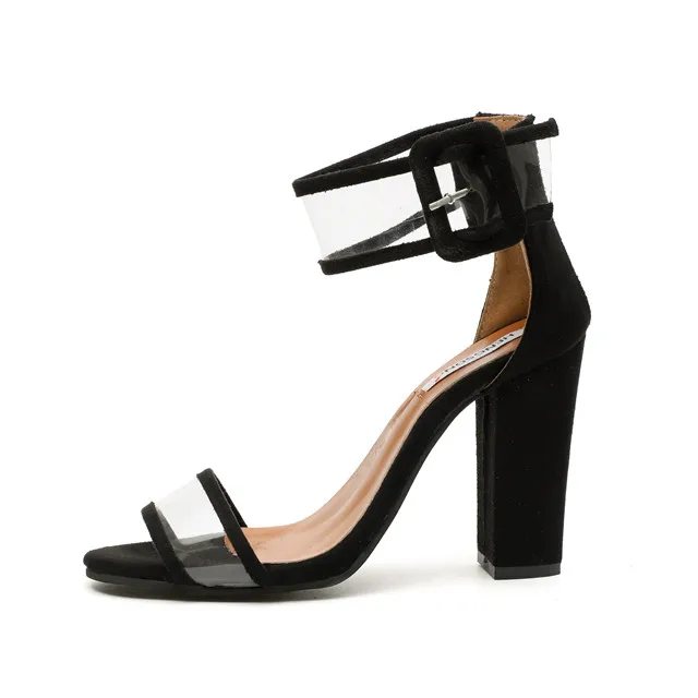 Летние босоножки; прозрачная обувь на квадратном каблуке; модная популярная женская обувь; босоножки; женская обувь на высоком каблуке; большие размеры 35-43; Zapatos De Mujer - Цвет: Черный