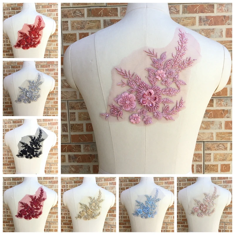 

1pc 3D Flower Embroidery Patches Lace Bridal Applique Beaded Pearl Tulle DIY Apparel Sewing For Wedding Dress LNY9349
