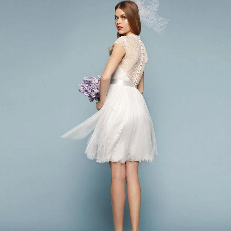 Dynamic Short White Wedding Dress V Neck Lace Sheer Button Back