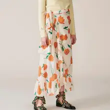 Летняя женская юбка миди с цветочным принтом тюльпана, асимметричная юбка с оборками спереди и поясом, длинные юбки