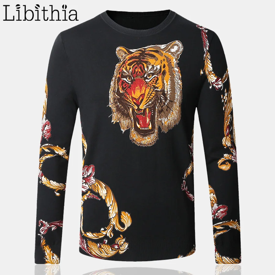 Mens Cotton Blends Knitting Sweaters New Autumn Tiger Print Pullovers
