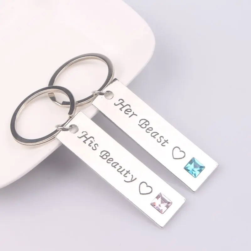 

1set new anime Beauty and the Beast 'his beauty' logo crystal heart lovers Pendant keychain men and women keyring Jewelry