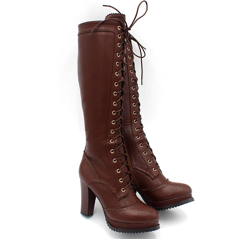 Enmayer/Зимние сапоги обувь Пикантные дамские ботфорты высокого качества сапоги до колена, на шнуровке Ботфорты на высоком каблуке в стиле ретро