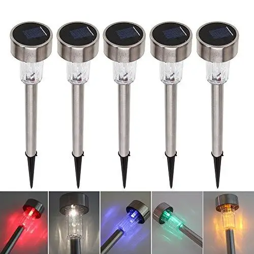 Kopen 5 Stks Outdoor Rvs Zonne energie 7 Kleur Veranderende LED Tuin Landschap Path Pathway Verlichting Gazon Lamp