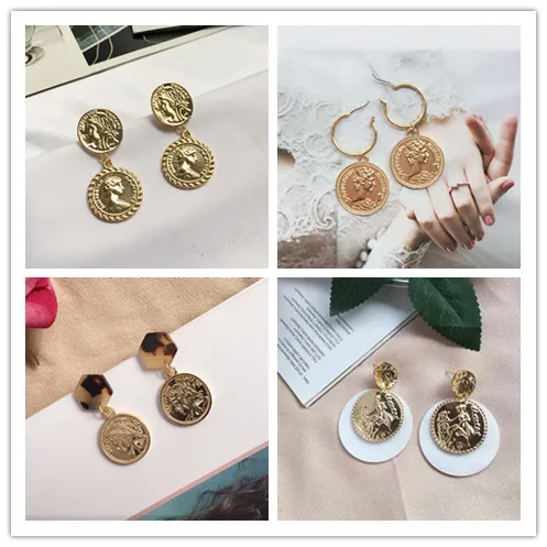 

Vintage Female Models Trendy Zinc Alloy Coin Portrait Pendant Drop Dangle Earrings Charms Gold Ethnic Women Brincos Oorbellen