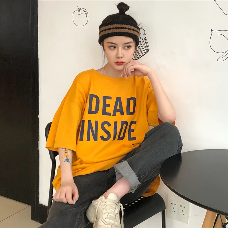 

Korean Style Letters T Shirt Women Boyfriend Loose Short Sleeve Yellow Summer Top Femme Ulzzang Harajuku Long Woman Tshirt White