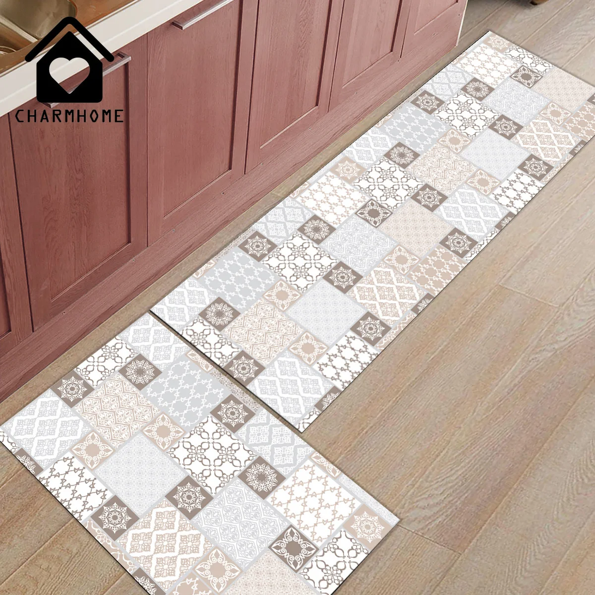 

CHARMHOME 2Pcs/Set Moroccan Geometric Checks Blackground Long Kitchen Mat Carpet Floor Mats Home Doormat Bedroom Living Room Rug