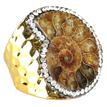 

Natural Snail Ammonite Spiral Whorl Conch Shell Fossils stone charm pave rhinestone hammered open gold ring cuff for women man
