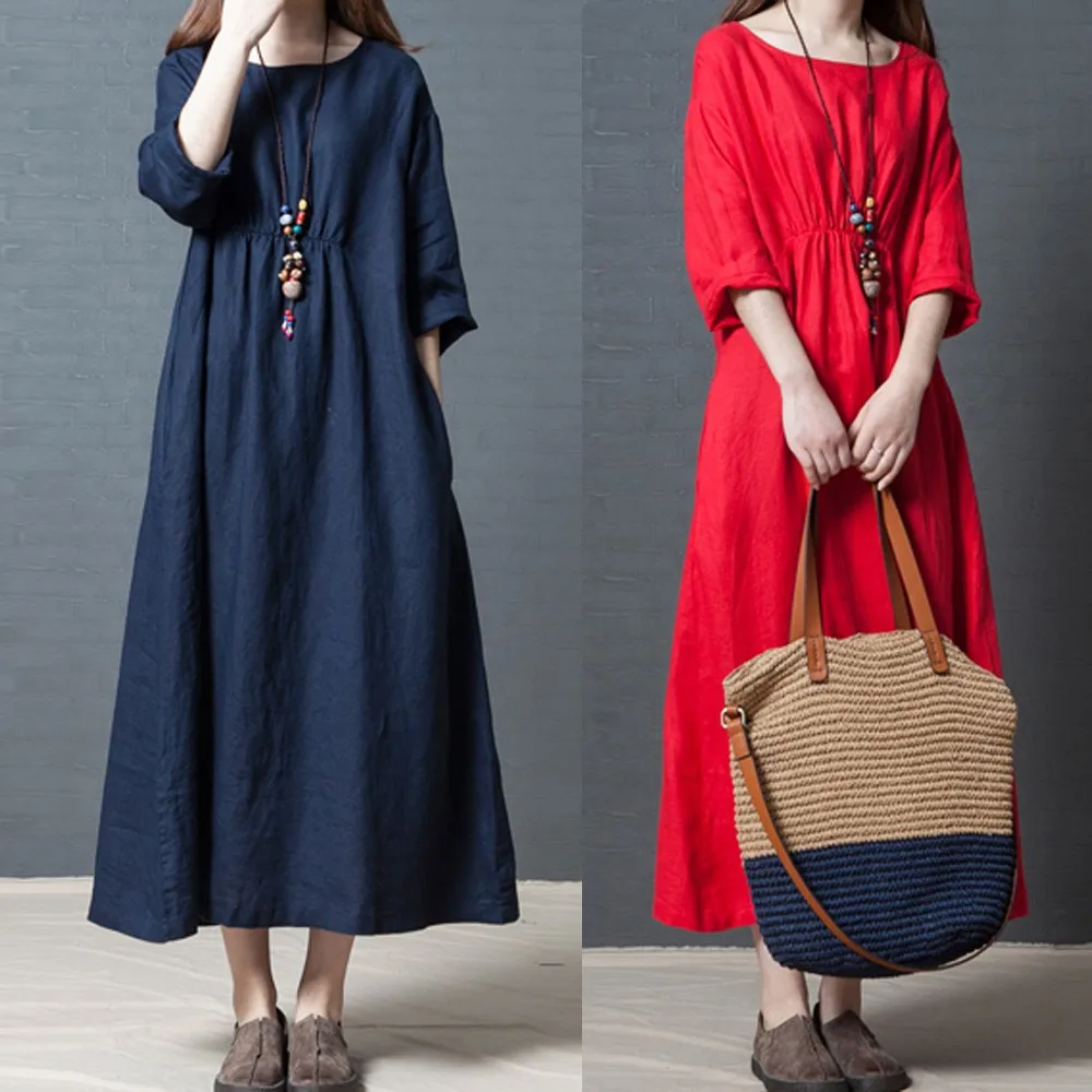 

CHAMSGEND Dress Women Autumn Fashion Bohemian Dresses Women Daily Casual Long Sleeve Patchwork Cotton Linen Loose Solid Dress