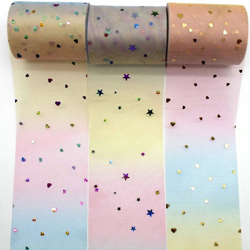 

10 yards/volume 3'75mm rainbow glitter sequins stars/moon heart tulle rolls DIY organza tutu dress shower bow colorful 7.5cm