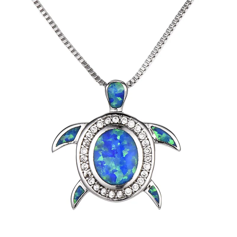 

Cute Blue Fire Opal Turtle Pendant Necklaces For Women 925 Sterling Silver Filled Female Oval Stone Zircon Animal Choker Wedding