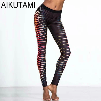 

AIKUTAMI Yoga Pants Running Tights Women Striped Printed Fitness Elastic Legging Sport Femme Leggings Yoga Capri Sports Pants