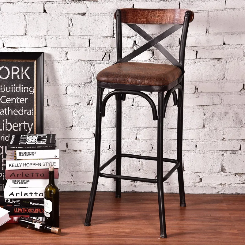 European and American style bar chair wrought iron solid wood bar chair Simple modern high bar chair stool front chair