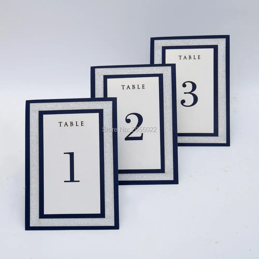 

Navy blue and silver four layers table numbers, free standing birthday Table number cards, glitter Reception Centerpieces,