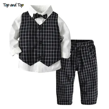 

Top and Top Toddler Baby Boy Clothes Gentleman Long Sleeve White Shirt with Bow+Vest+Trousers Kids Boy Formal Casual Plaid Set