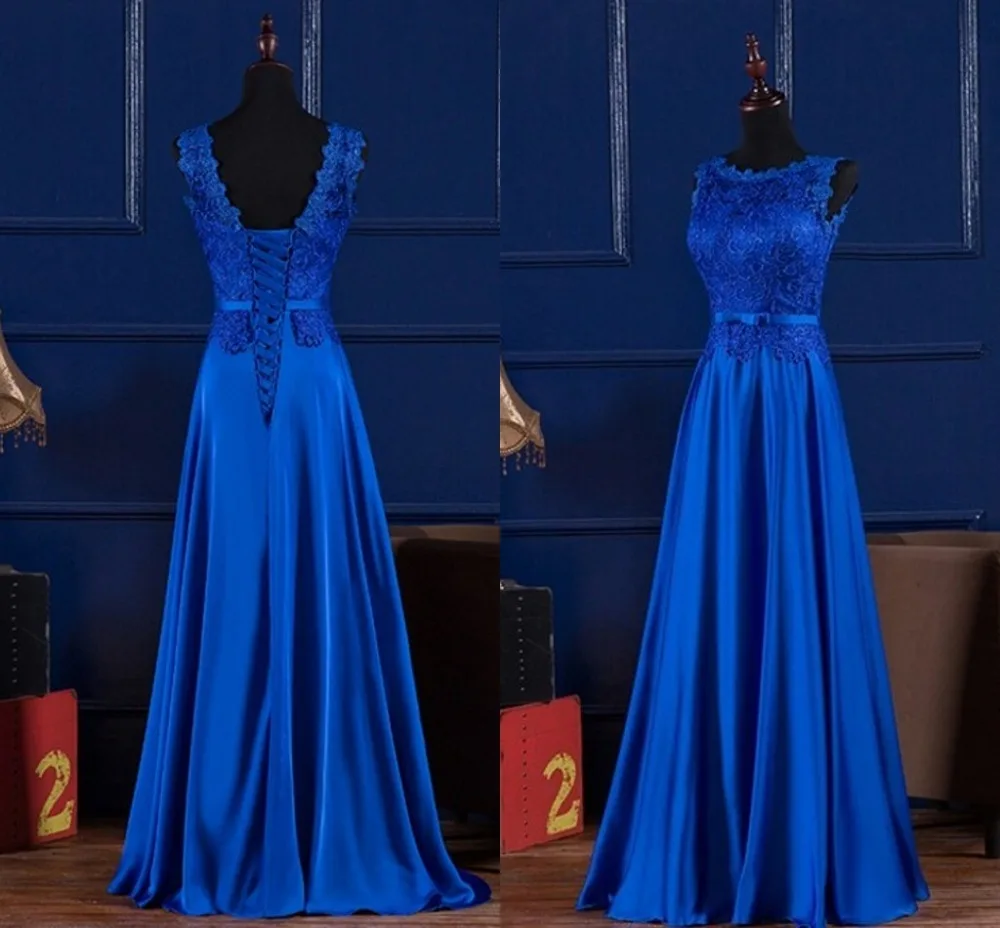 

Elegant Royal Blue/Wine Red Scoop Lace Satin Long Dresses For Wedding Party Summer Prom Evening Gowns 2019 Maxi Dresses vestidos