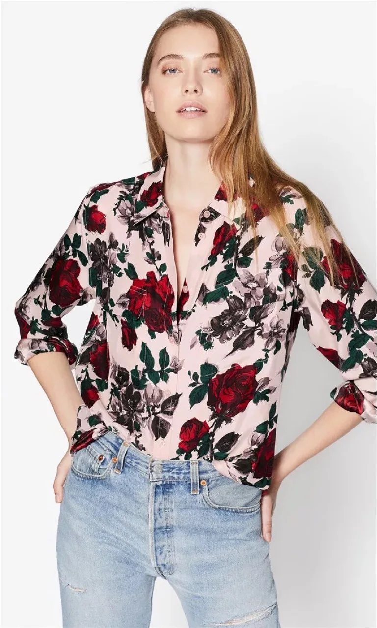 

Vintage Rose Silk Shirt Glossy Silk Shirt women blouses womens tops and blouses women shirt