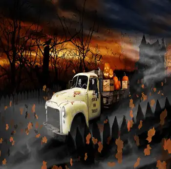 

Pumpkin Car Drived By the Ghost in Forest Backdrop for Halloween Party 5x7 Photography Background Golden Leaf Studio Props