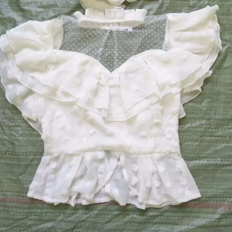 2018 Lace New Style Women White Blouse Shirt Fashion Perspective Dots Pattern Ruffled Sexy Shirt Top Long Sleeve Women Blouses