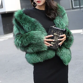 

ETHEL ANDERSON 100% Real Fox fur Solid Short Coat V Collar Genuine Fox fur Jacket Whole Skin Outwear Warm Elegant Green Color