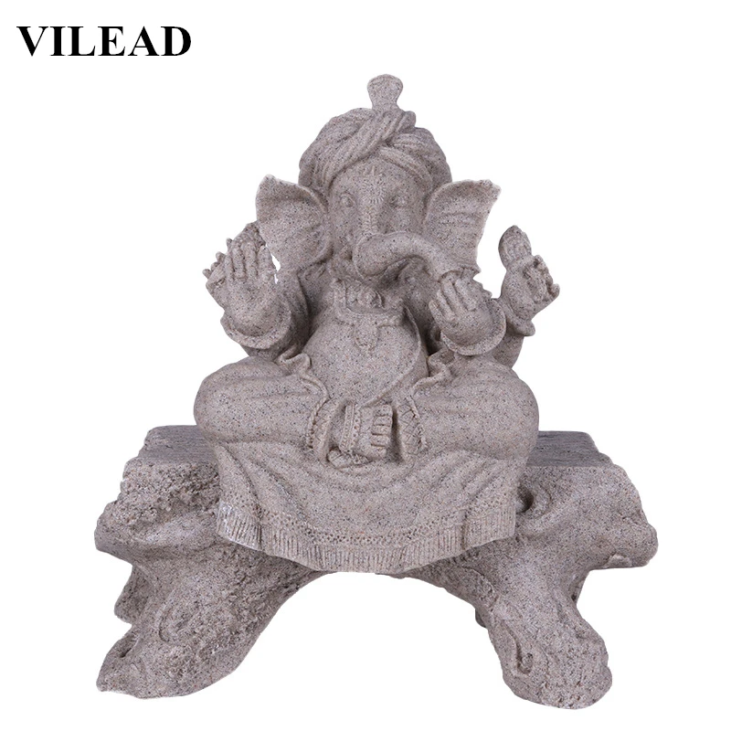

VILEAD 8.6" Nature Sand Stone India Elephant God Statue Religious Elephant Headed Buddha Figurines Ganesha Statuettes Sculpture