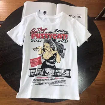 

Women's white T-shirt with cartoon character print casual cotton short sleeves
