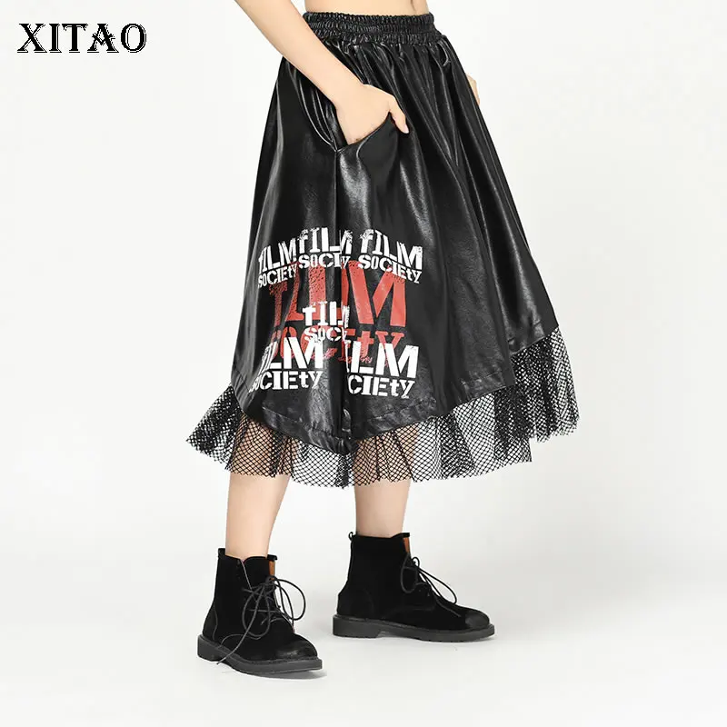 

[XITAO] 2018 Autumn Korea Fashion New Arrival Women A-line Skirt Female Hollow Our Print Letter Casulal Above Knee Skirt ZLL2394